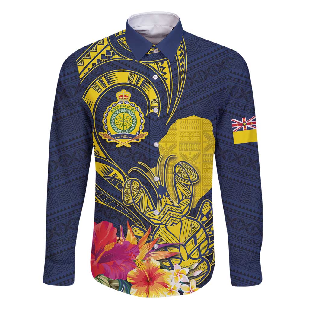 Niue Independence Day Family Matching Summer Maxi Dress and Hawaiian Shirt Hiapo Pattern Hibiscus Plumeria and Uga LT03 Dad's Shirt - Long Sleeve Yellow - Polynesian Pride