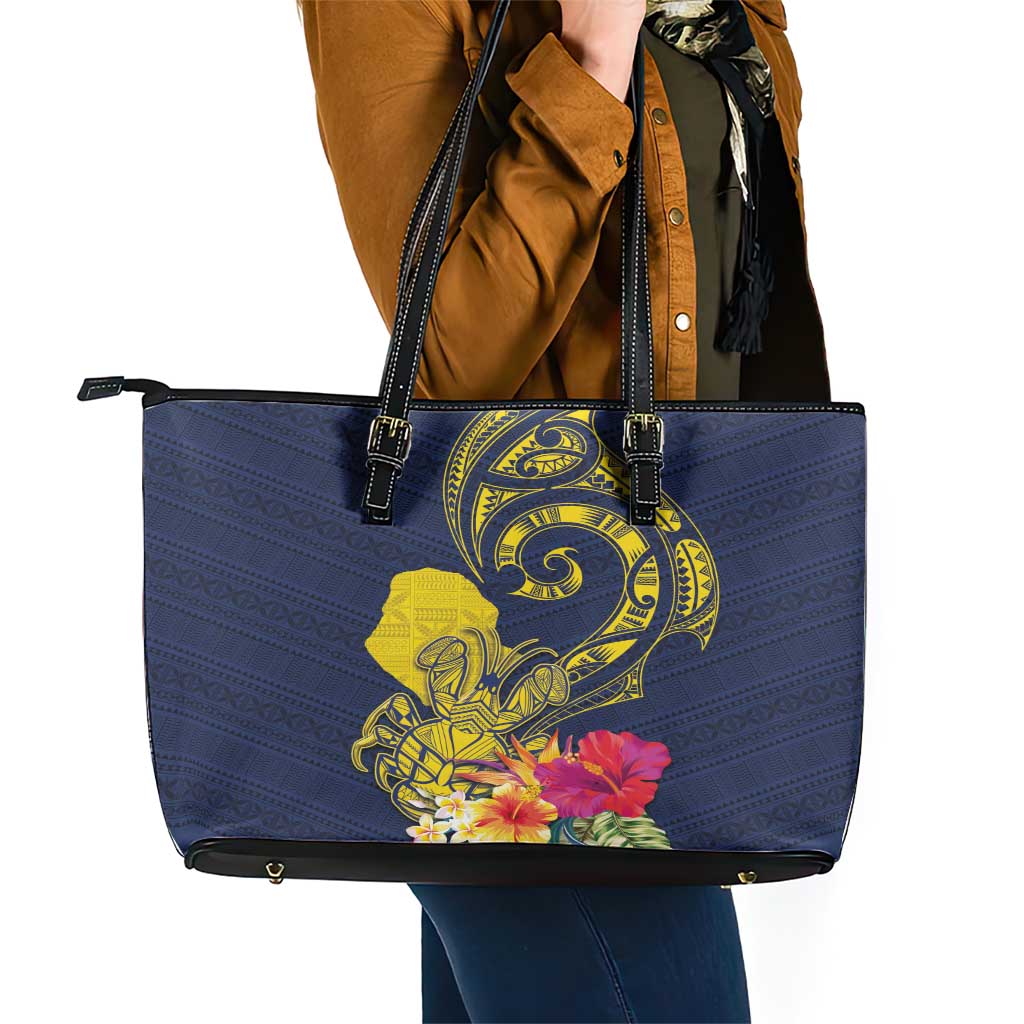 Niue Independence Day Leather Tote Bag Hiapo Pattern Hibiscus Plumeria and Uga