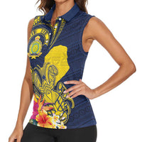 Niue Independence Day Women Sleeveless Polo Shirt Hiapo Pattern Hibiscus Plumeria and Uga