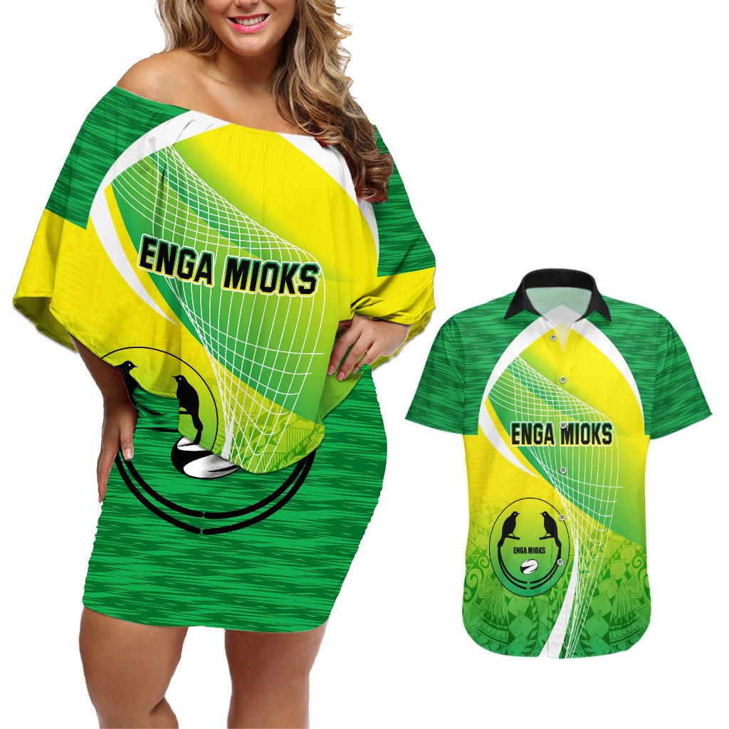 Enga Mioks Rugby Couples Matching Off Shoulder Short Dress and Hawaiian Shirt Papua New Guinea Polynesian Tattoo LT03 Green - Polynesian Pride