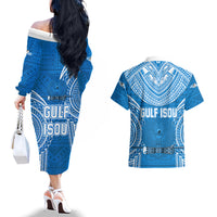 Gulf Isou Rugby Couples Matching Off The Shoulder Long Sleeve Dress and Hawaiian Shirt Papua New Guinea Polynesian Tattoo LT03 - Polynesian Pride