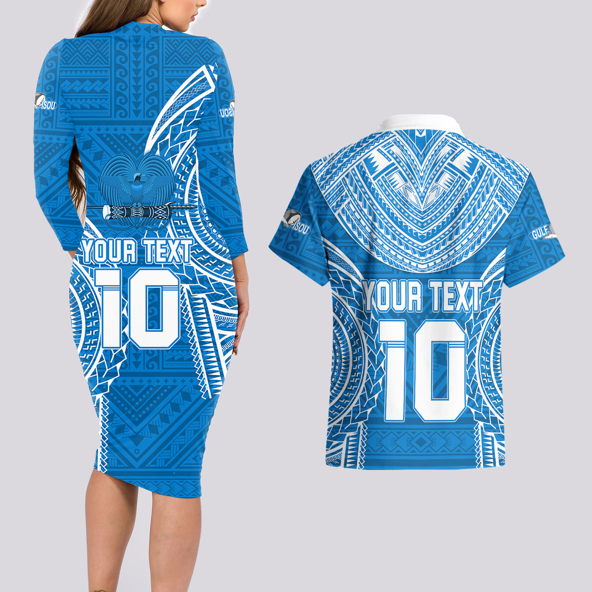 Custom Gulf Isou Rugby Couples Matching Long Sleeve Bodycon Dress and Hawaiian Shirt Papua New Guinea Polynesian Tattoo LT03 - Polynesian Pride