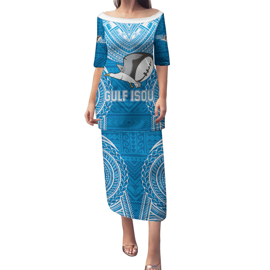 Custom Gulf Isou Rugby Puletasi Papua New Guinea Polynesian Tattoo LT03 Long Dress Blue - Polynesian Pride
