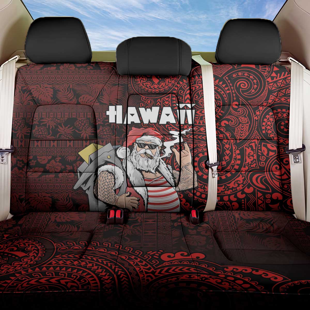 Hawaii Aloha Santa Claus Funny Polynesian Tattoo Back Car Seat Cover Red Color LT03 One Size Red - Polynesian Pride