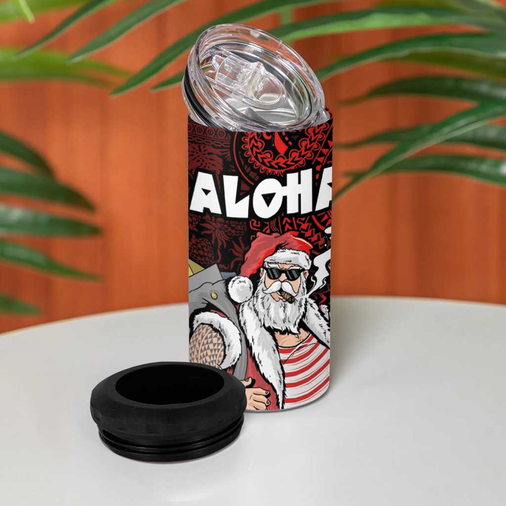 Hawaii Aloha Santa Claus Funny Polynesian Tattoo 4 in 1 Can Cooler Tumbler Red Color
