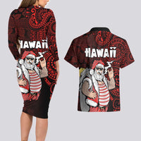 Hawaii Aloha Santa Claus Funny Polynesian Tattoo Couples Matching Long Sleeve Bodycon Dress and Hawaiian Shirt Red Color LT03 - Polynesian Pride