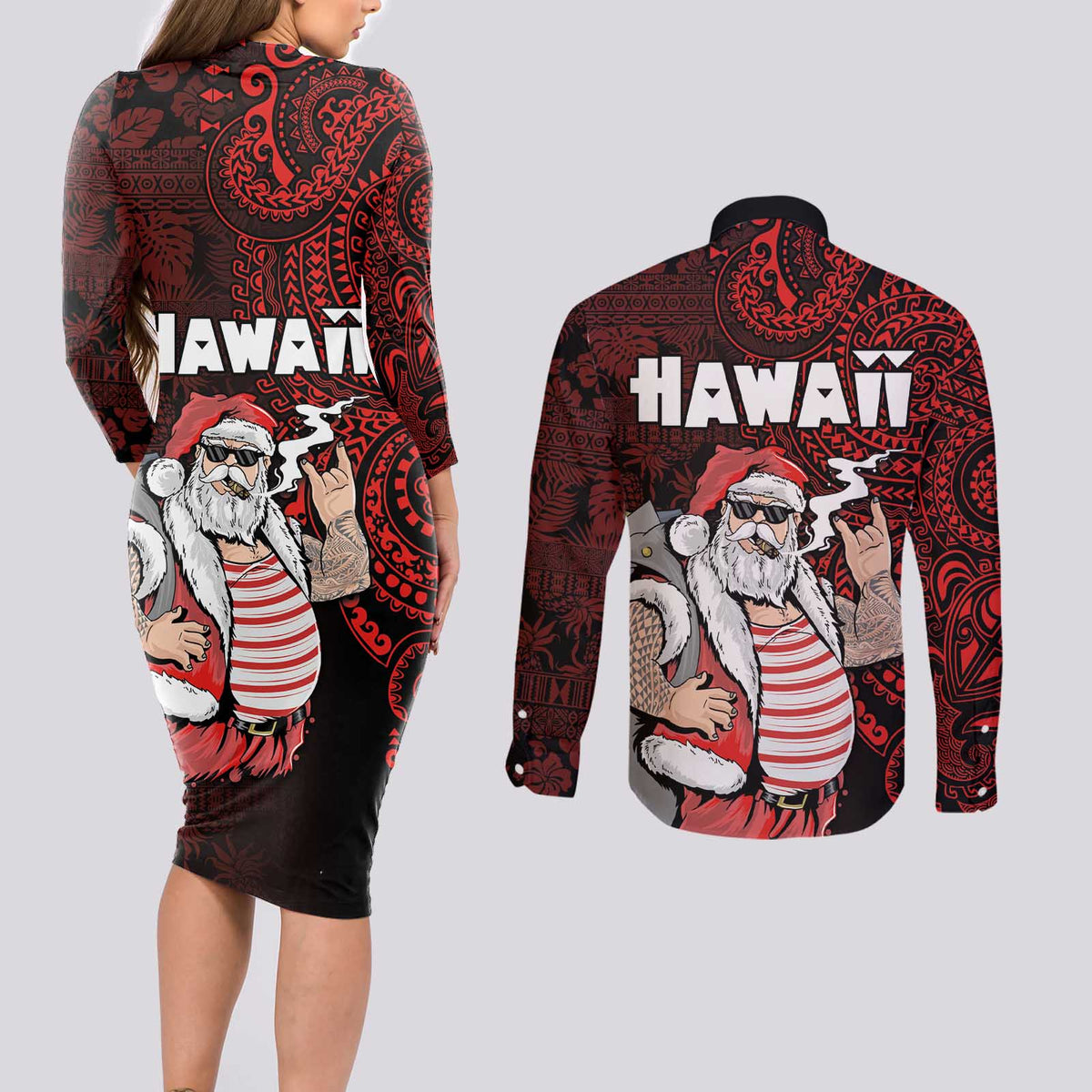 Hawaii Aloha Santa Claus Funny Polynesian Tattoo Couples Matching Long Sleeve Bodycon Dress and Long Sleeve Button Shirt Red Color LT03 - Polynesian Pride