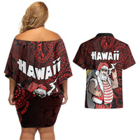 Hawaii Aloha Santa Claus Funny Polynesian Tattoo Couples Matching Off Shoulder Short Dress and Hawaiian Shirt Red Color LT03 - Polynesian Pride