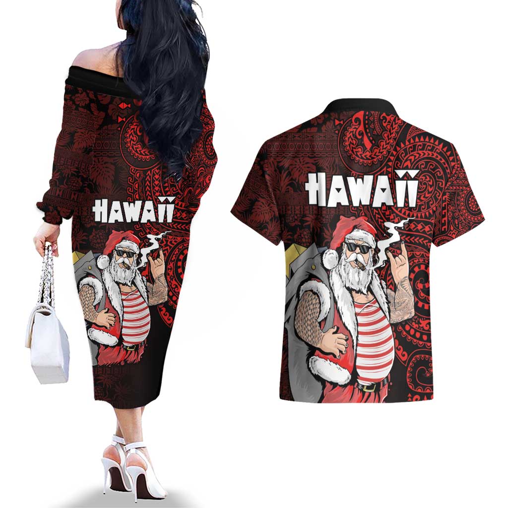 Hawaii Aloha Santa Claus Funny Polynesian Tattoo Couples Matching Off The Shoulder Long Sleeve Dress and Hawaiian Shirt Red Color LT03 - Polynesian Pride