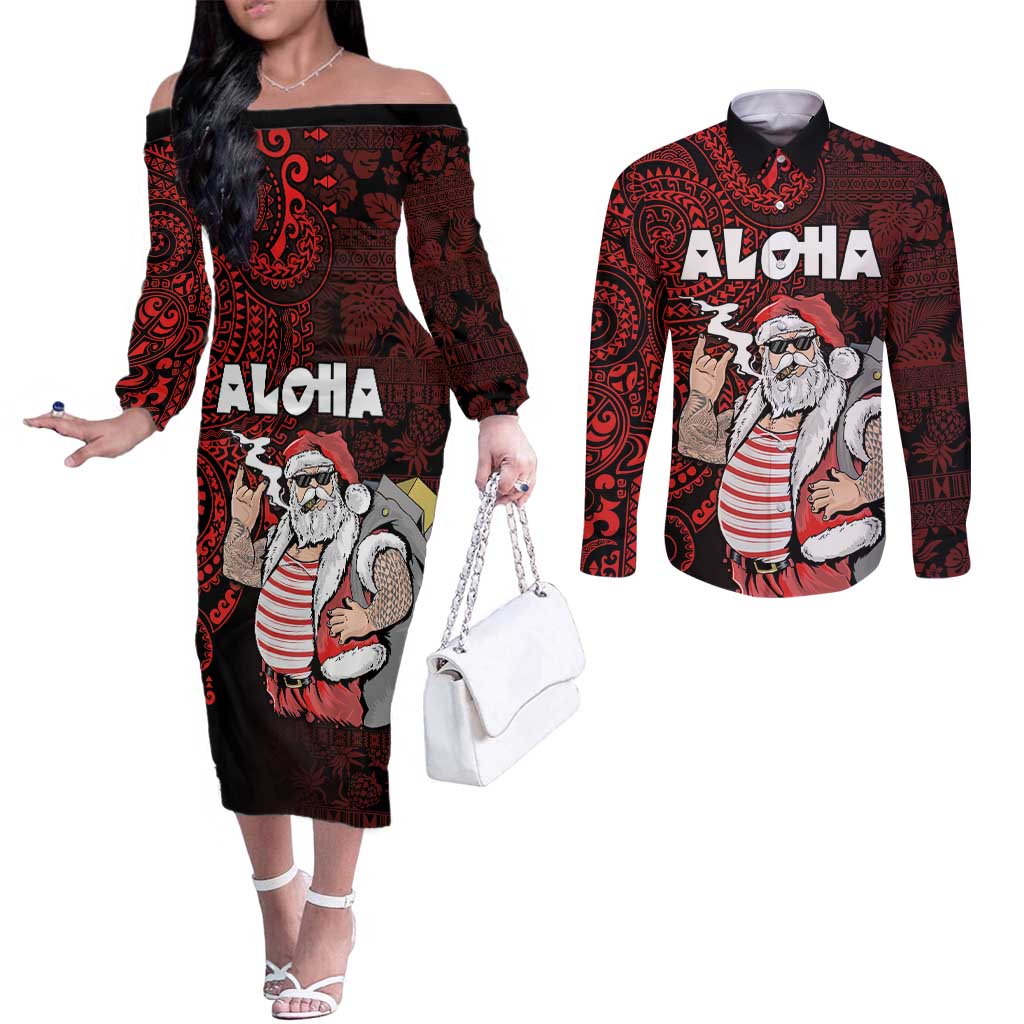 Hawaii Aloha Santa Claus Funny Polynesian Tattoo Couples Matching Off The Shoulder Long Sleeve Dress and Long Sleeve Button Shirt Red Color LT03 Red - Polynesian Pride