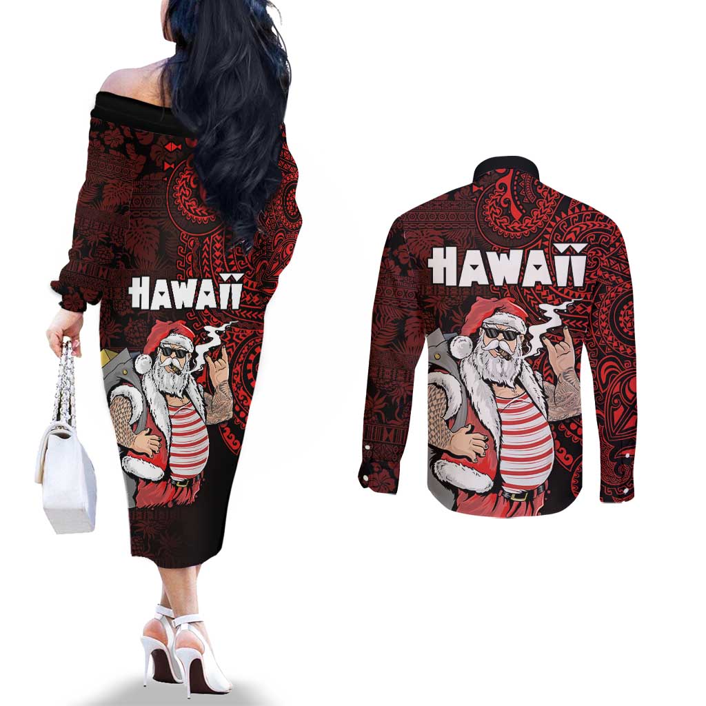 Hawaii Aloha Santa Claus Funny Polynesian Tattoo Couples Matching Off The Shoulder Long Sleeve Dress and Long Sleeve Button Shirt Red Color LT03 - Polynesian Pride