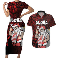 Hawaii Aloha Santa Claus Funny Polynesian Tattoo Couples Matching Short Sleeve Bodycon Dress and Hawaiian Shirt Red Color LT03 Red - Polynesian Pride