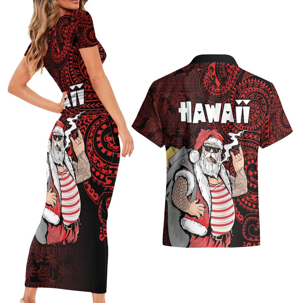 Hawaii Aloha Santa Claus Funny Polynesian Tattoo Couples Matching Short Sleeve Bodycon Dress and Hawaiian Shirt Red Color LT03 - Polynesian Pride