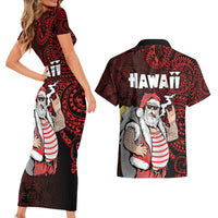 Hawaii Aloha Santa Claus Funny Polynesian Tattoo Couples Matching Short Sleeve Bodycon Dress and Hawaiian Shirt Red Color LT03 - Polynesian Pride