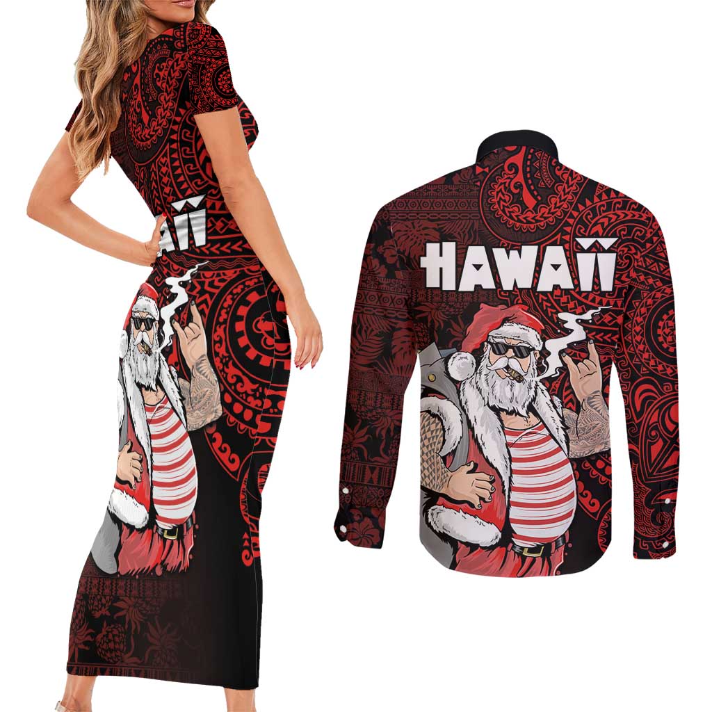 Hawaii Aloha Santa Claus Funny Polynesian Tattoo Couples Matching Short Sleeve Bodycon Dress and Long Sleeve Button Shirt Red Color LT03 - Polynesian Pride