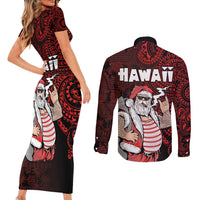 Hawaii Aloha Santa Claus Funny Polynesian Tattoo Couples Matching Short Sleeve Bodycon Dress and Long Sleeve Button Shirt Red Color LT03 - Polynesian Pride