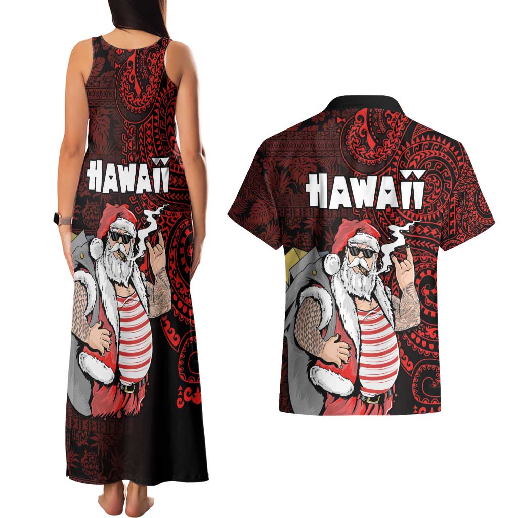 Hawaii Aloha Santa Claus Funny Polynesian Tattoo Couples Matching Tank Maxi Dress and Hawaiian Shirt Red Color LT03 - Polynesian Pride