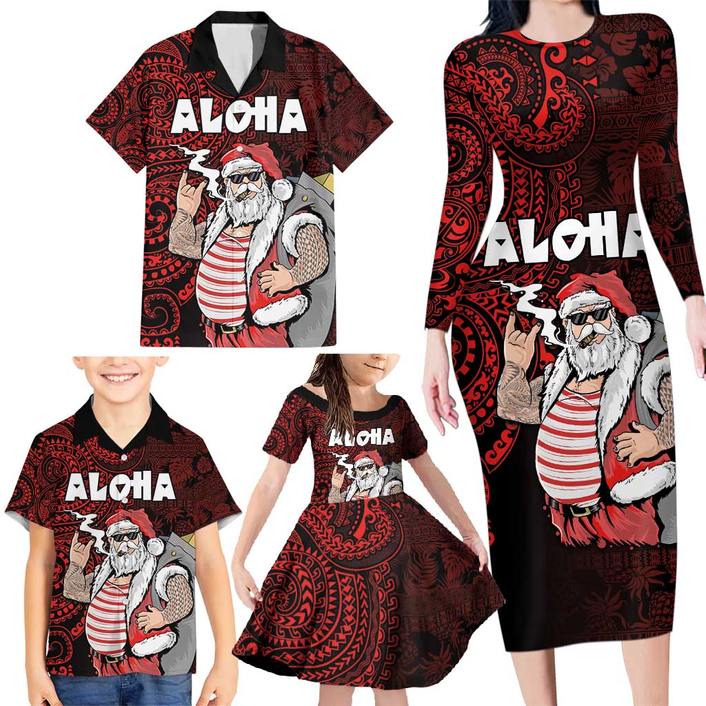 Hawaii Aloha Santa Claus Funny Polynesian Tattoo Family Matching Long Sleeve Bodycon Dress and Hawaiian Shirt Red Color LT03 - Polynesian Pride