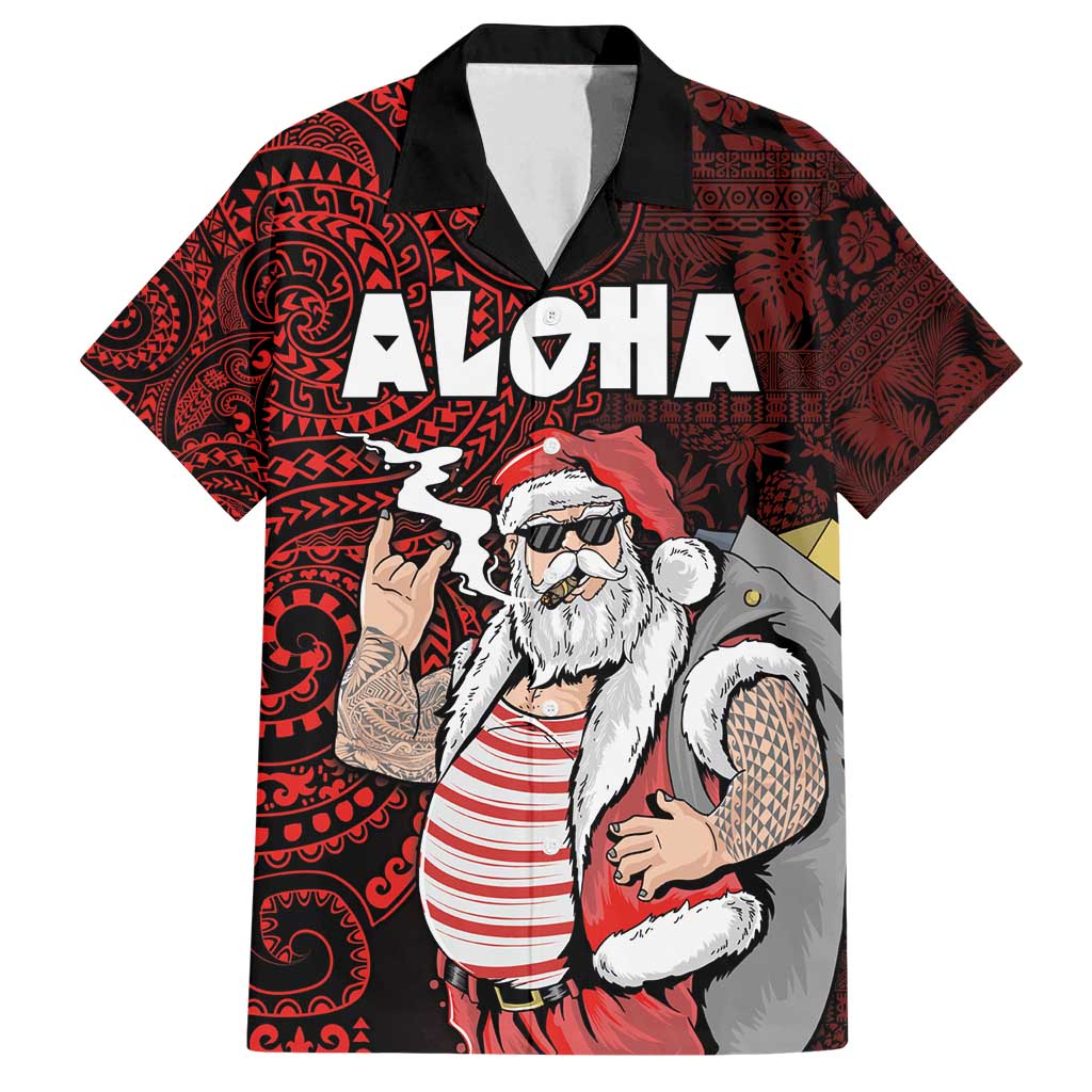 Hawaii Aloha Santa Claus Funny Polynesian Tattoo Family Matching Long Sleeve Bodycon Dress and Hawaiian Shirt Red Color LT03 Dad's Shirt - Short Sleeve Red - Polynesian Pride
