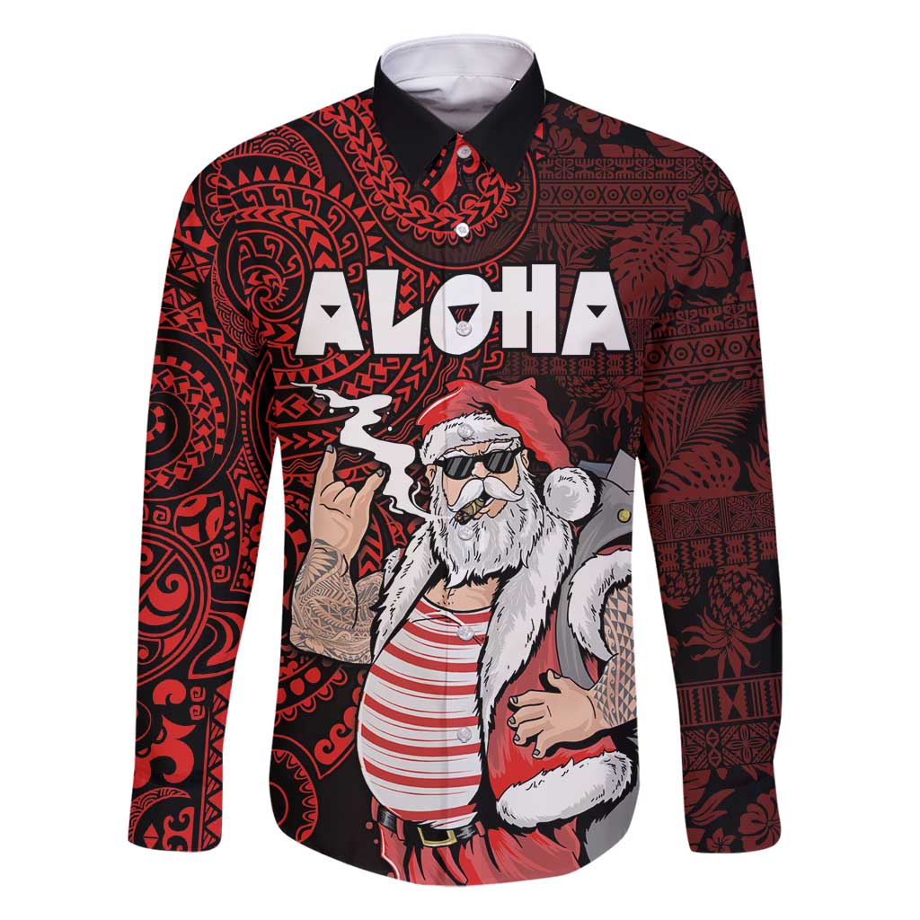 Hawaii Aloha Santa Claus Funny Polynesian Tattoo Family Matching Long Sleeve Bodycon Dress and Hawaiian Shirt Red Color LT03 Dad's Shirt - Long Sleeve Red - Polynesian Pride