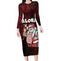 Hawaii Aloha Santa Claus Funny Polynesian Tattoo Family Matching Long Sleeve Bodycon Dress and Hawaiian Shirt Red Color LT03 Mom's Dress Red - Polynesian Pride