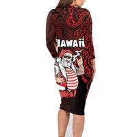 Hawaii Aloha Santa Claus Funny Polynesian Tattoo Family Matching Long Sleeve Bodycon Dress and Hawaiian Shirt Red Color LT03 - Polynesian Pride