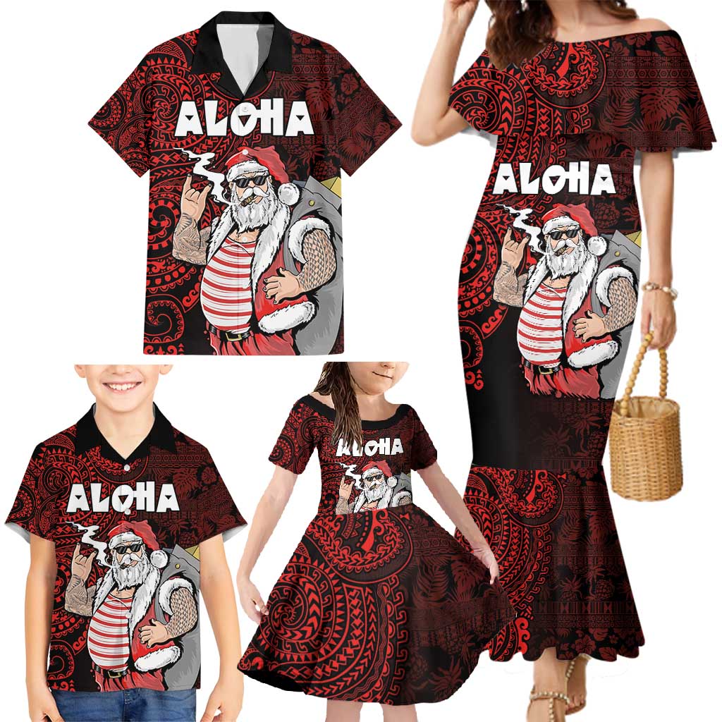 Hawaii Aloha Santa Claus Funny Polynesian Tattoo Family Matching Mermaid Dress and Hawaiian Shirt Red Color LT03 - Polynesian Pride