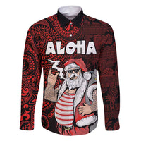 Hawaii Aloha Santa Claus Funny Polynesian Tattoo Family Matching Mermaid Dress and Hawaiian Shirt Red Color LT03 Dad's Shirt - Long Sleeve Red - Polynesian Pride