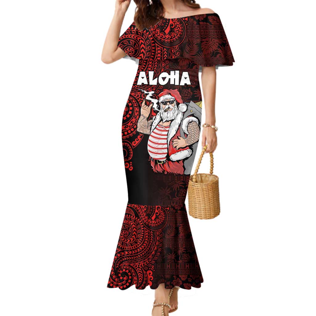Hawaii Aloha Santa Claus Funny Polynesian Tattoo Family Matching Mermaid Dress and Hawaiian Shirt Red Color LT03 Mom's Dress Red - Polynesian Pride