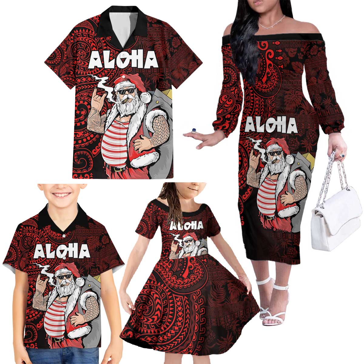 Hawaii Aloha Santa Claus Funny Polynesian Tattoo Family Matching Off The Shoulder Long Sleeve Dress and Hawaiian Shirt Red Color LT03 - Polynesian Pride