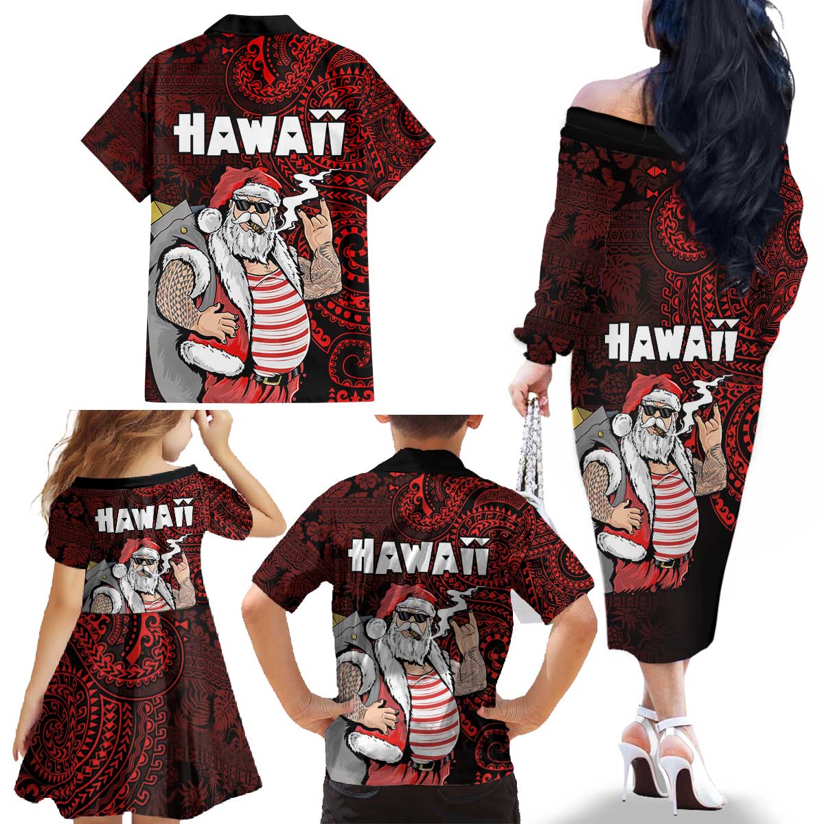 Hawaii Aloha Santa Claus Funny Polynesian Tattoo Family Matching Off The Shoulder Long Sleeve Dress and Hawaiian Shirt Red Color LT03 - Polynesian Pride