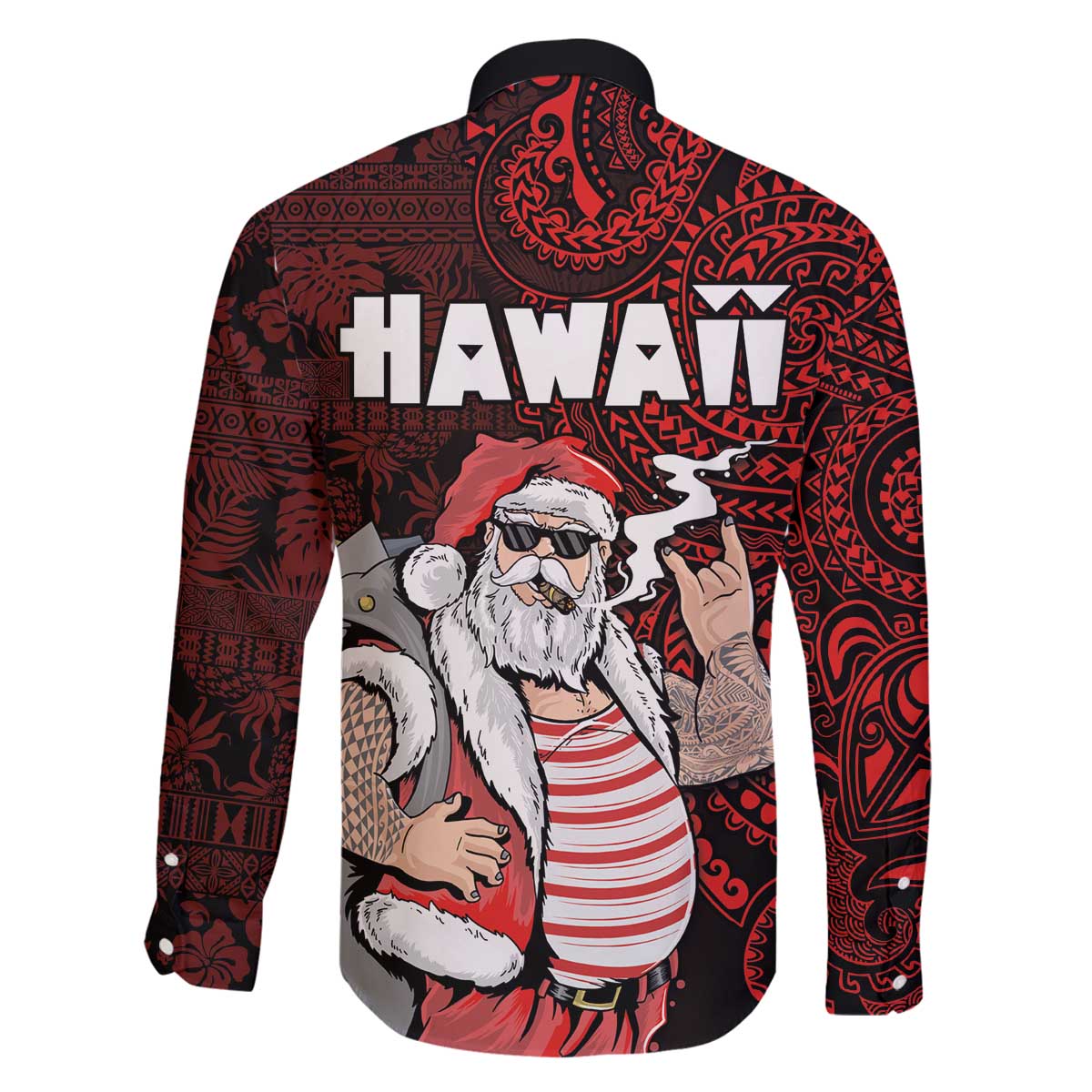 Hawaii Aloha Santa Claus Funny Polynesian Tattoo Family Matching Off Shoulder Short Dress and Hawaiian Shirt Red Color LT03 - Polynesian Pride