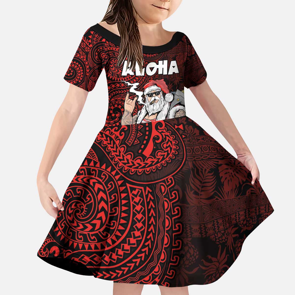 Hawaii Aloha Santa Claus Funny Polynesian Tattoo Family Matching Puletasi and Hawaiian Shirt Red Color LT03 Daughter's Dress Red - Polynesian Pride