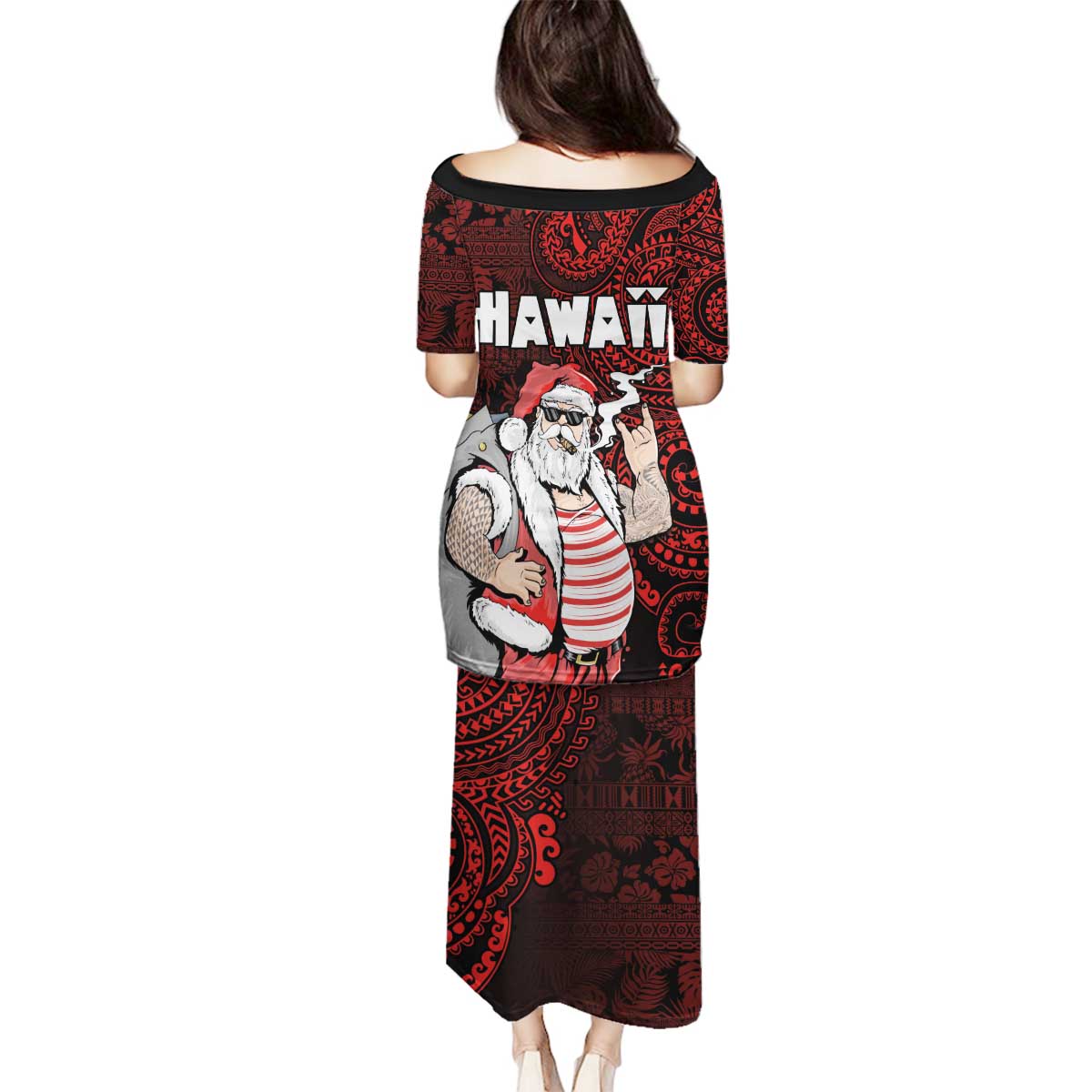 Hawaii Aloha Santa Claus Funny Polynesian Tattoo Family Matching Puletasi and Hawaiian Shirt Red Color LT03 - Polynesian Pride