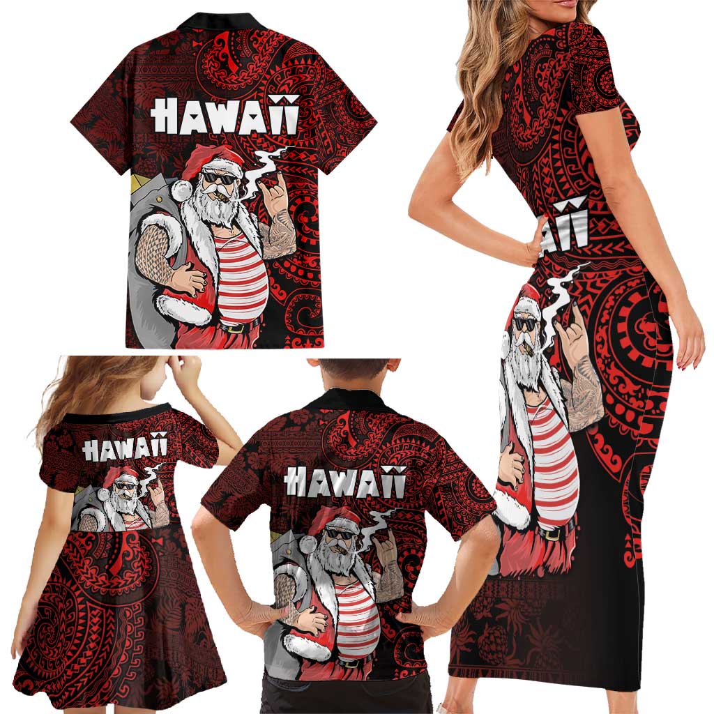Hawaii Aloha Santa Claus Funny Polynesian Tattoo Family Matching Short Sleeve Bodycon Dress and Hawaiian Shirt Red Color LT03 - Polynesian Pride