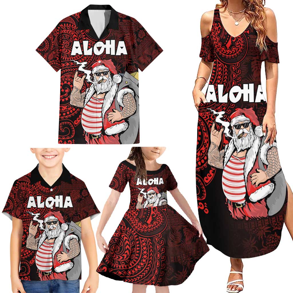 Hawaii Aloha Santa Claus Funny Polynesian Tattoo Family Matching Summer Maxi Dress and Hawaiian Shirt Red Color LT03 - Polynesian Pride