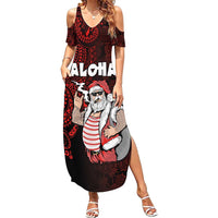 Hawaii Aloha Santa Claus Funny Polynesian Tattoo Family Matching Summer Maxi Dress and Hawaiian Shirt Red Color LT03 Mom's Dress Red - Polynesian Pride