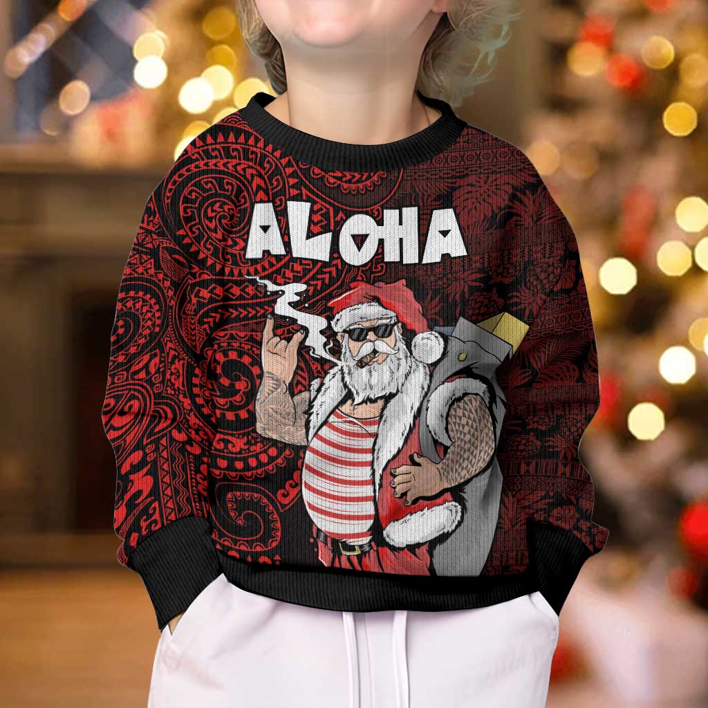 Hawaii Aloha Santa Claus Funny Polynesian Tattoo Kid Ugly Christmas Sweater Red Color