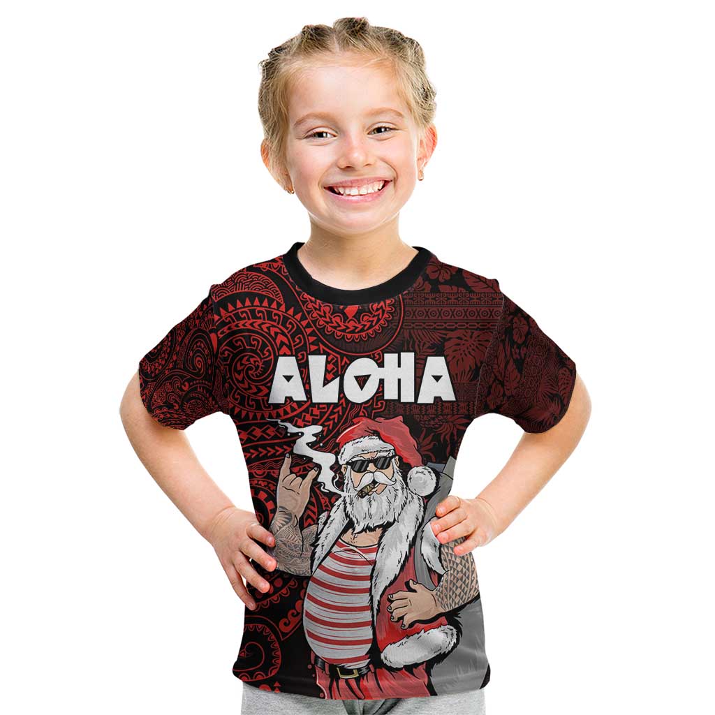 Hawaii Aloha Santa Claus Funny Polynesian Tattoo Kid T Shirt Red Color