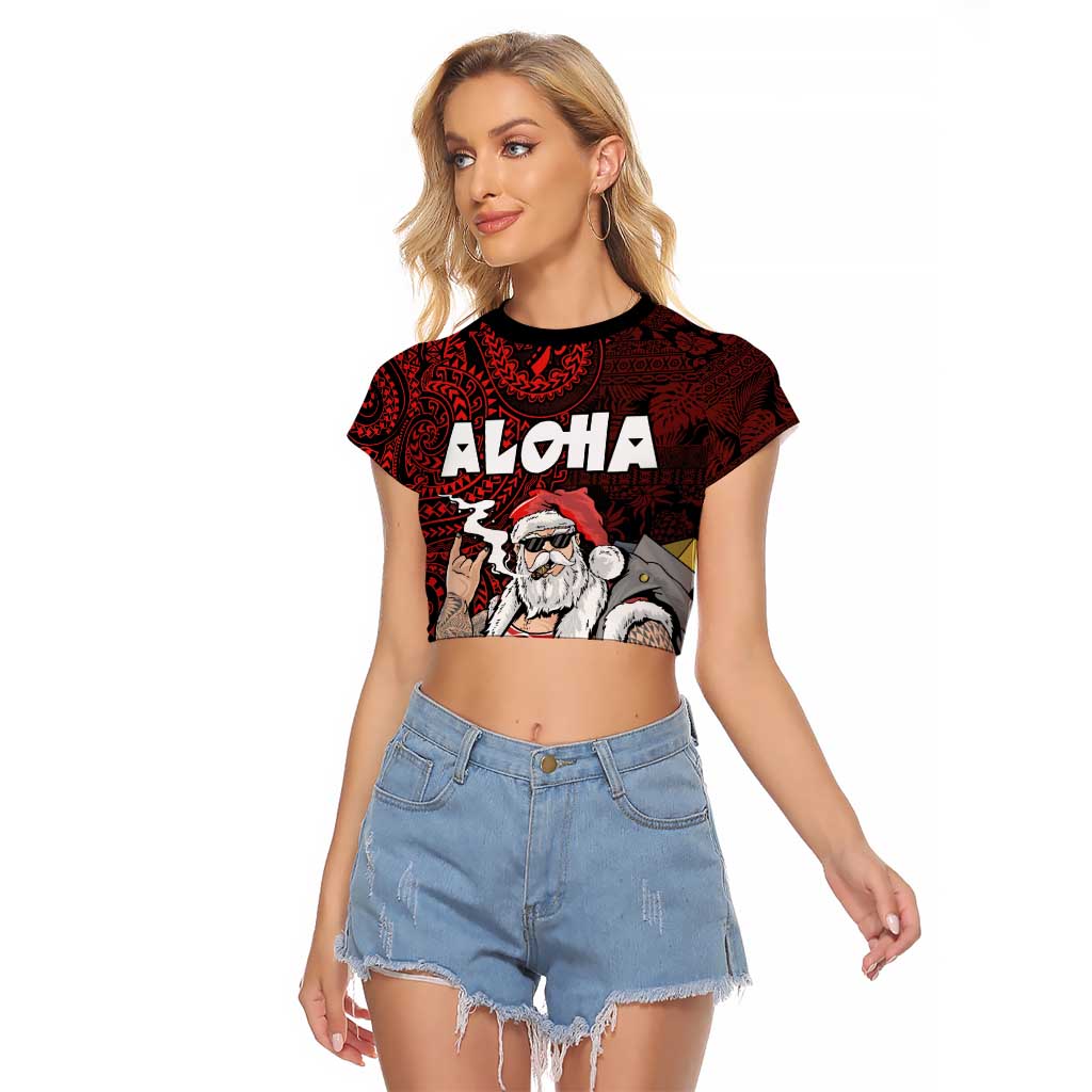 Hawaii Aloha Santa Claus Funny Polynesian Tattoo Raglan Cropped T Shirt Red Color