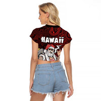 Hawaii Aloha Santa Claus Funny Polynesian Tattoo Raglan Cropped T Shirt Red Color