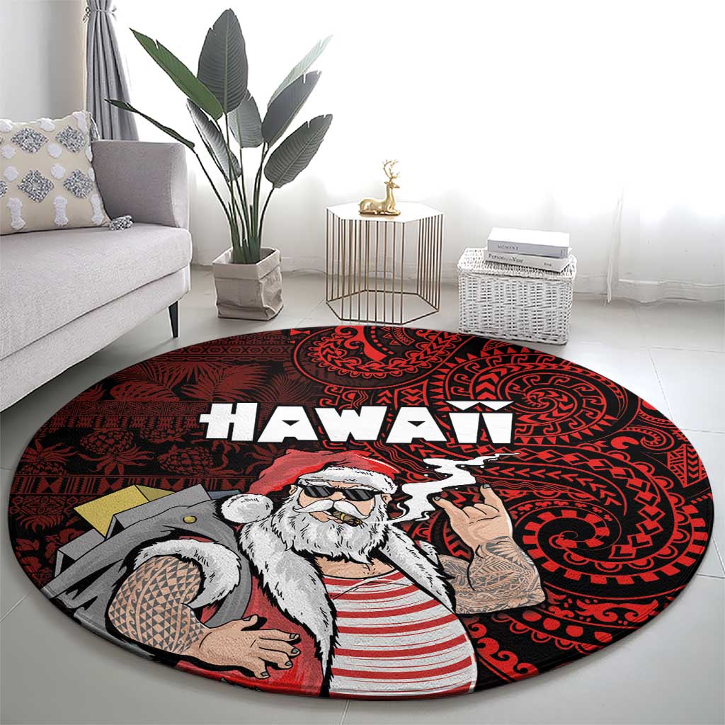 Hawaii Aloha Santa Claus Funny Polynesian Tattoo Round Carpet Red Color LT03 - Polynesian Pride