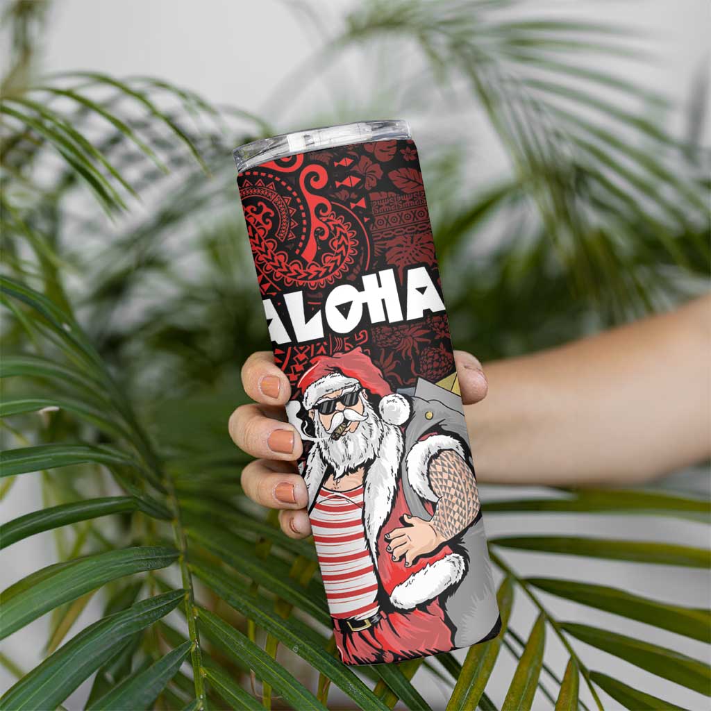 Hawaii Aloha Santa Claus Funny Polynesian Tattoo Skinny Tumbler Red Color