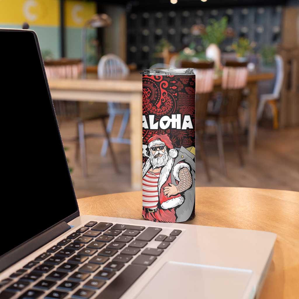 Hawaii Aloha Santa Claus Funny Polynesian Tattoo Skinny Tumbler Red Color