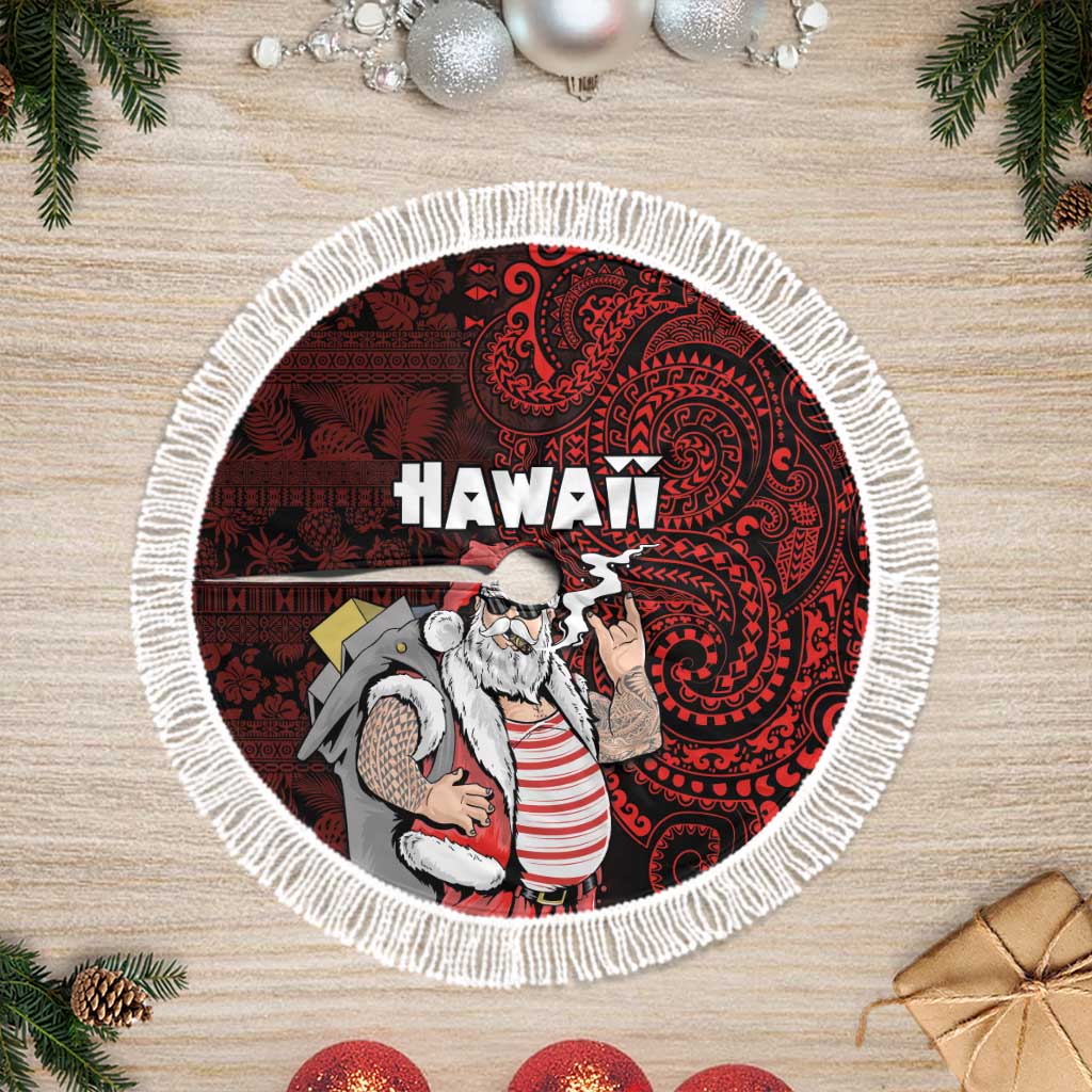 Hawaii Aloha Santa Claus Funny Polynesian Tattoo Tree Skirt Red Color LT03 Fringed Red - Polynesian Pride