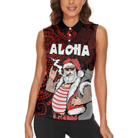 Hawaii Aloha Santa Claus Funny Polynesian Tattoo Women Sleeveless Polo Shirt Red Color