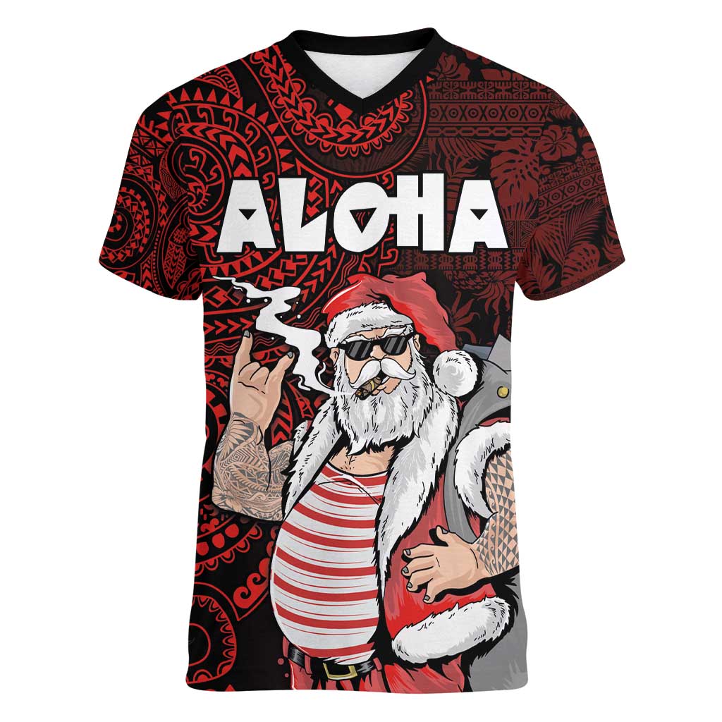 Hawaii Aloha Santa Claus Funny Polynesian Tattoo Women V-Neck T-Shirt Red Color