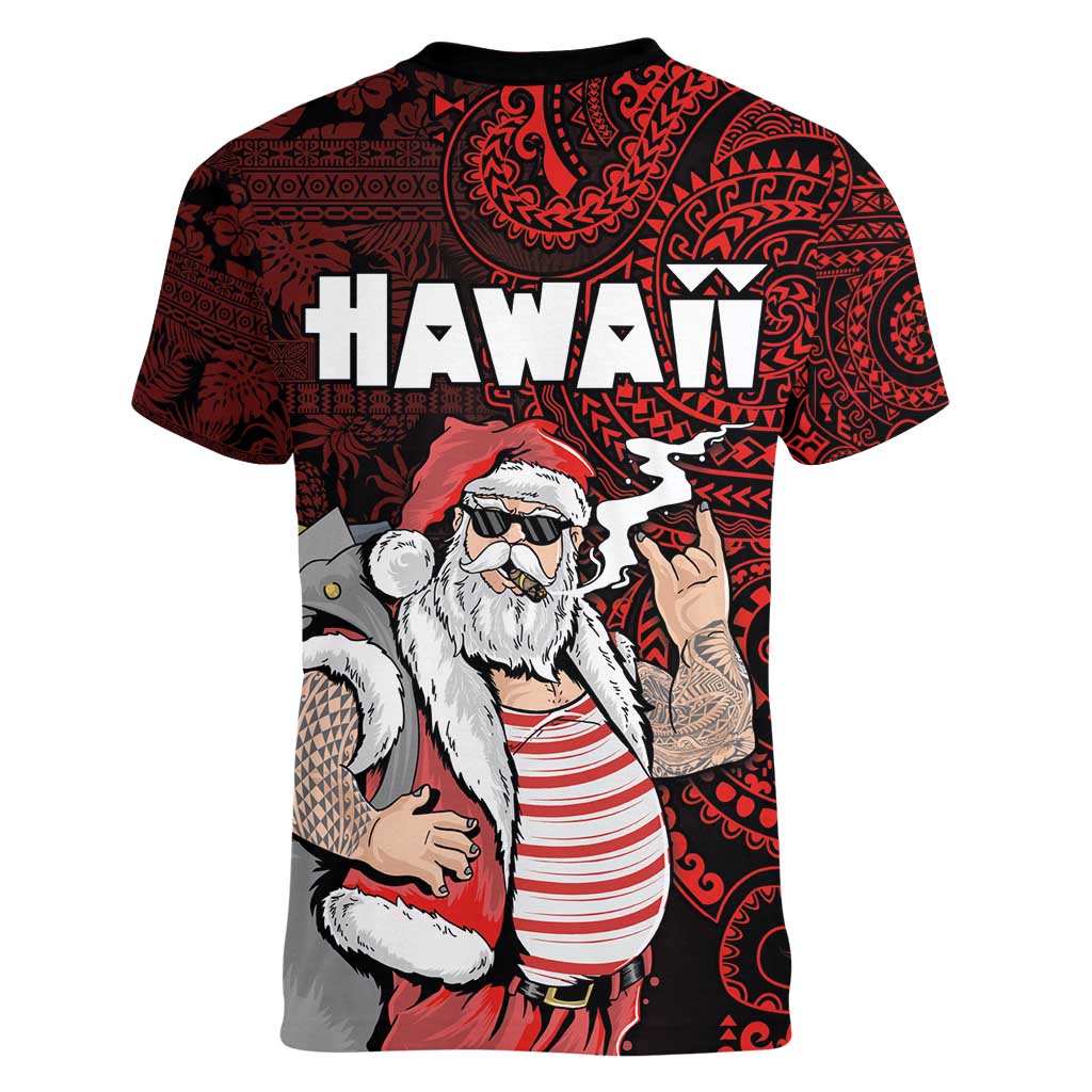 Hawaii Aloha Santa Claus Funny Polynesian Tattoo Women V-Neck T-Shirt Red Color