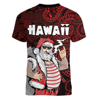 Hawaii Aloha Santa Claus Funny Polynesian Tattoo Women V-Neck T-Shirt Red Color