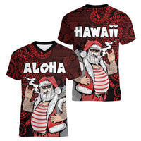 Hawaii Aloha Santa Claus Funny Polynesian Tattoo Women V-Neck T-Shirt Red Color